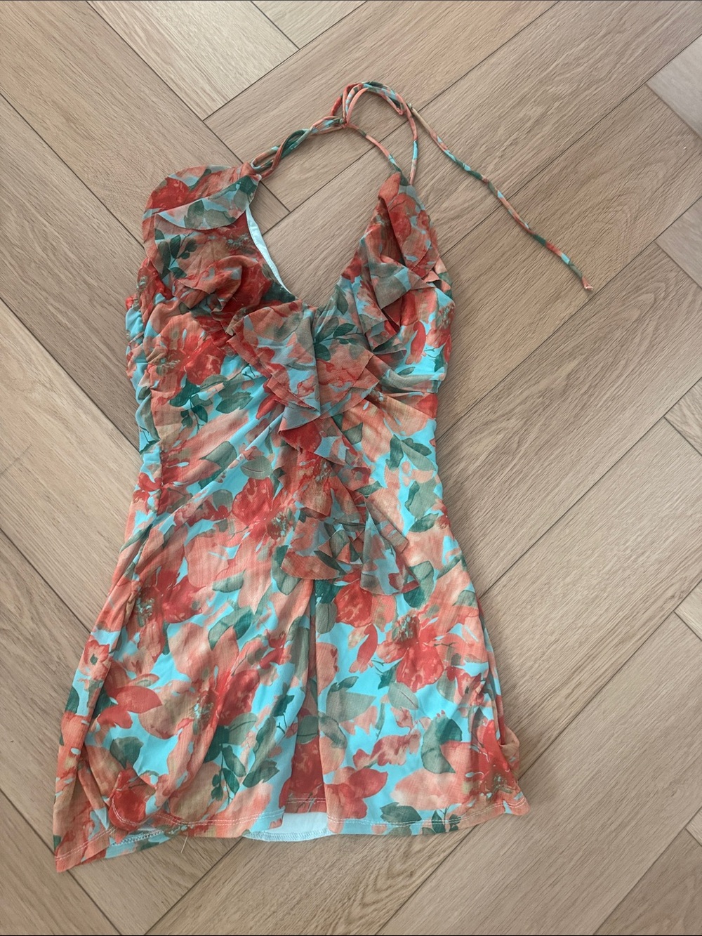Floral Ruffle Halter Mini Dress - Coral & Aqua